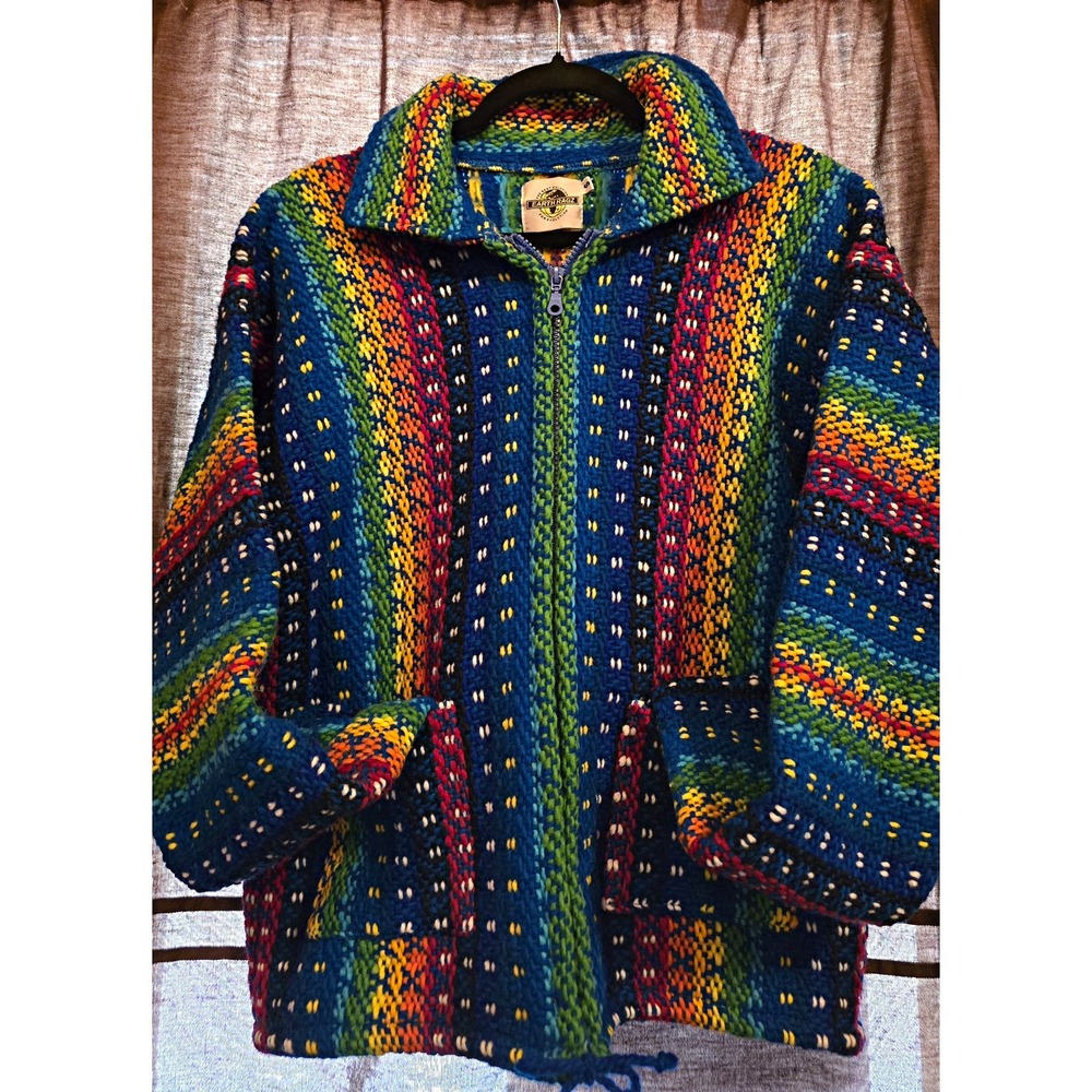 Earthragz Women's Small 100% Wool Knit Striped Collared Full Zip Cardigan Pocket